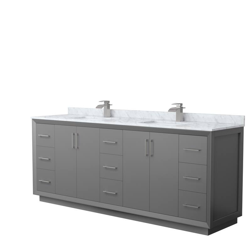 Strada 84-Inch Double Vanity Set, Carrara Marble Top - Dark Gray, Nickel Trim, Carrara Marble Top