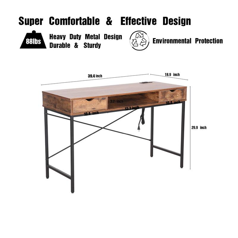 JJS 40" Modern Office Desk Large Computer Desk with Power Outlet, USB Port & Drawer, Home Workstation