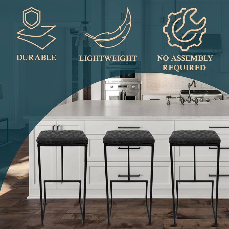 Quincy Leather Counter Barstool – Upholstered Square Seat with Quilted Back, Footrest, and Metal Legs for Kitchen or Dining Area