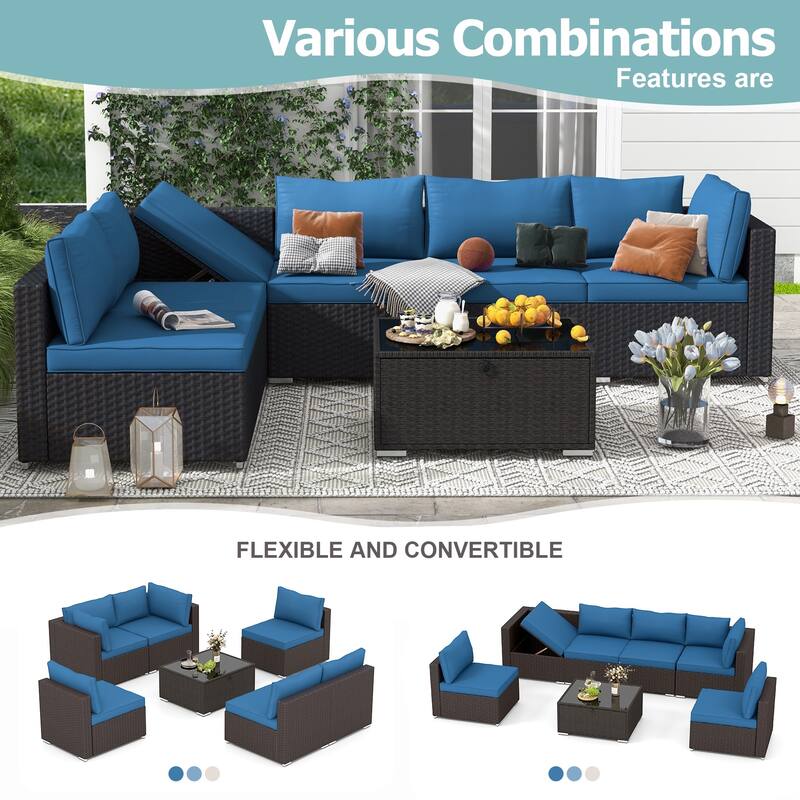 EROMMY 6/7 Piece Modular Outdoor Rattan Sofa Set, All-Weather Wicker Patio Furniture with Storage Table, Cushions & Pillows