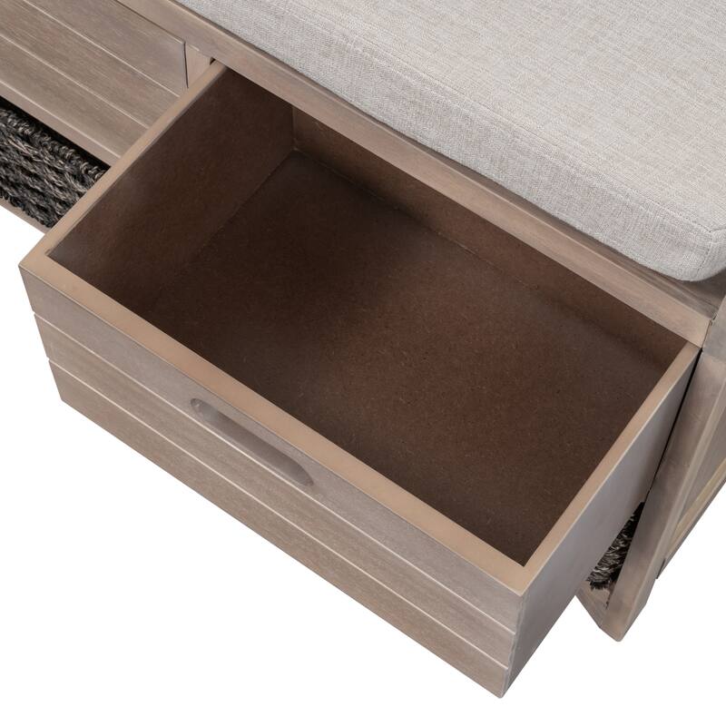 Storage Bench with Removable Basket and 2 Drawers, Fully Assembled Shoe Bench with Removable Cushion