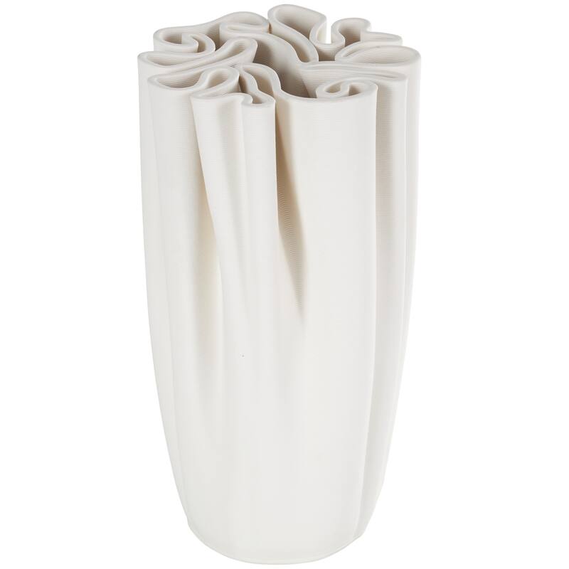White Ceramic Ribbed Dimensional Folded Abstract Vase with Compact Wavy Rim