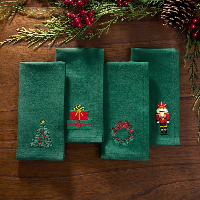Holiday Embroidered Cotton Napkins, Set of 4 - 17x17