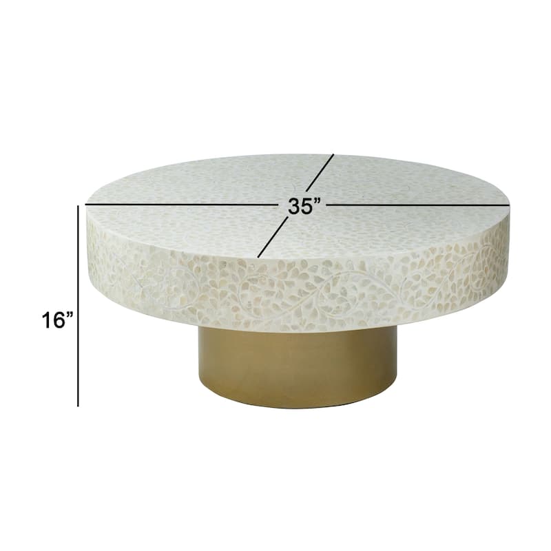 Piki 35 Inch Coffee Table, Mughal Capiz Inlaid Pattern, Cream, Gold