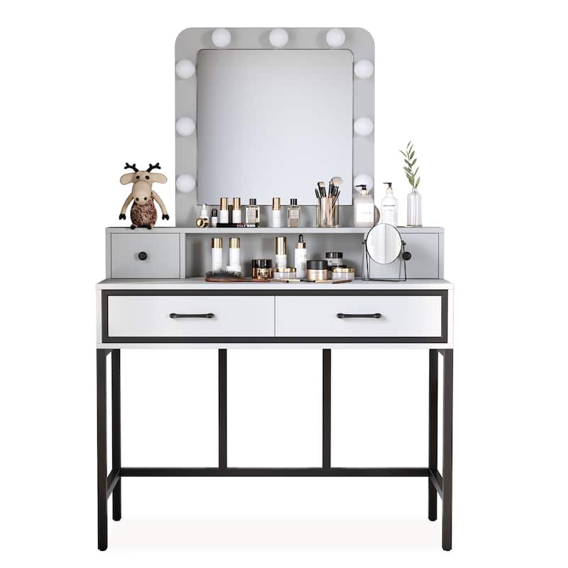 Makeup Vanity Desk with Mirror and Lights - White