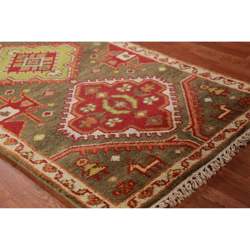 Hand Knotted Oriental 100% Wool Carpet Traditional Geometric Green Kazak Runner Rug - 9' 9'' X 2' 6''