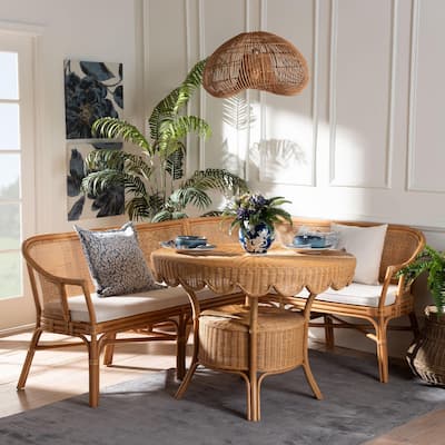 Ceona 3-Piece Natural Rattan Dining Nook Set - L-Shaped Banquette Seating with Pedestal Table, Boho Coastal Style Dining