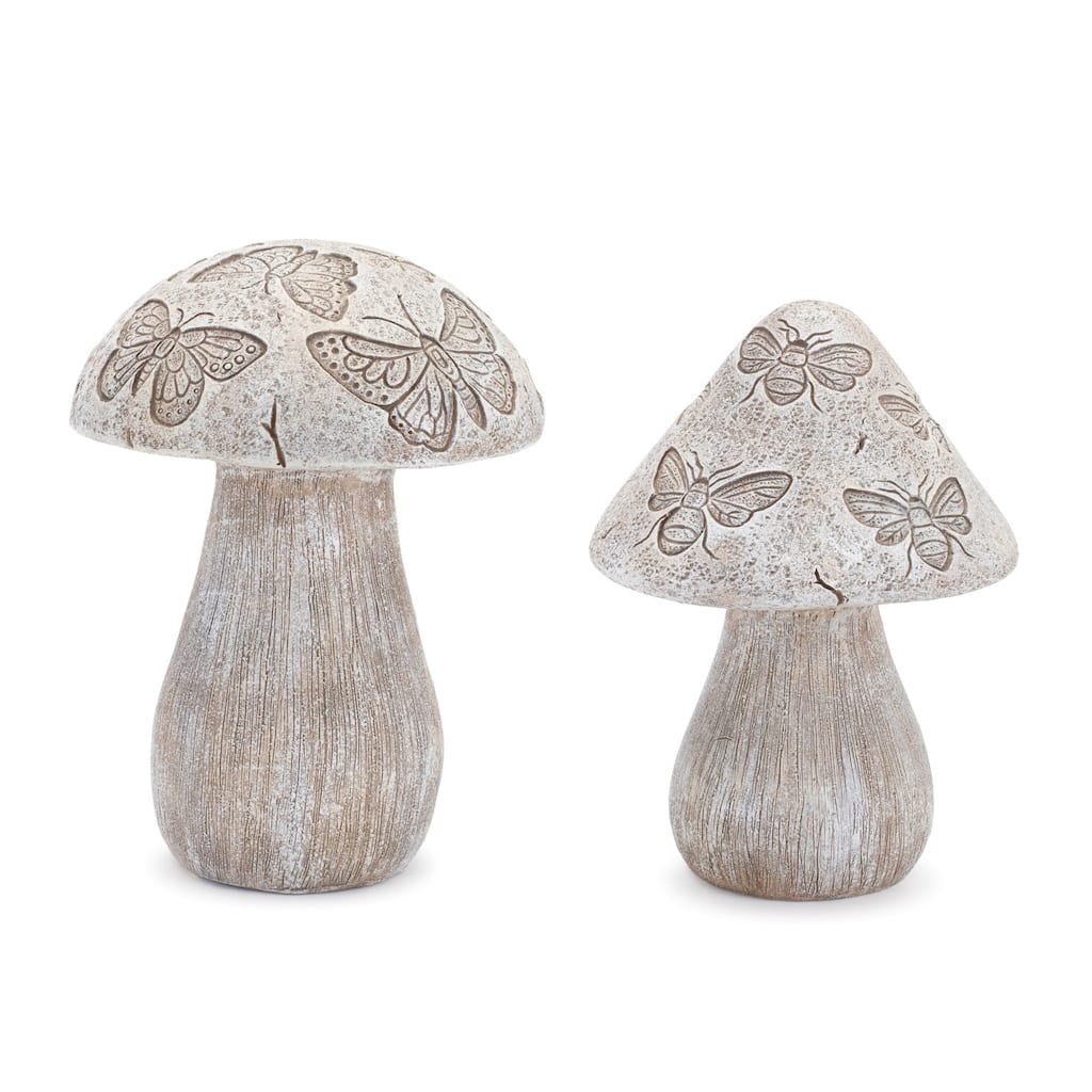 Bumble Bee and Butterfly Printed Mushroom Figurines - 6.5" - Set of 2