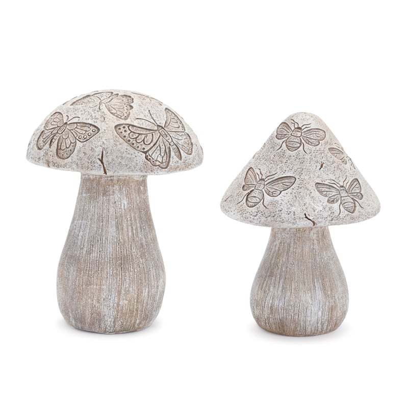 Bumble Bee and Butterfly Printed Mushroom Figurines - 6.5" - Set of 2