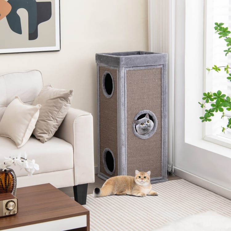 39" Tall Cat Condo with Scratching Posts and 3 Hideaways and 4 Soft Plush Cushions