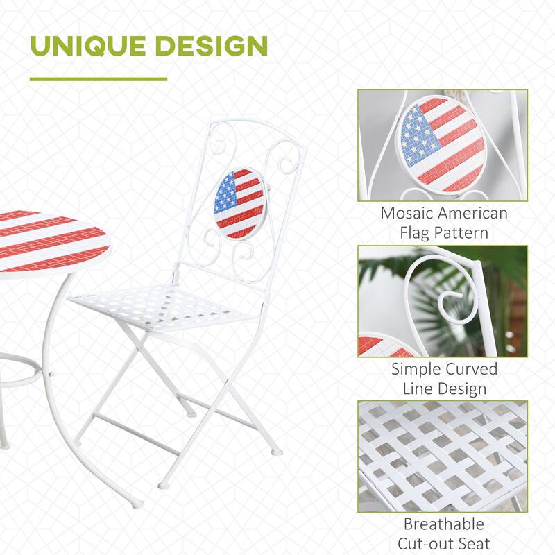 Outsunny 3 Piece Patio Bistro Set with Coffee Table and 2 Folding Chairs, Mosaic American Flag Tabletop and Backs
