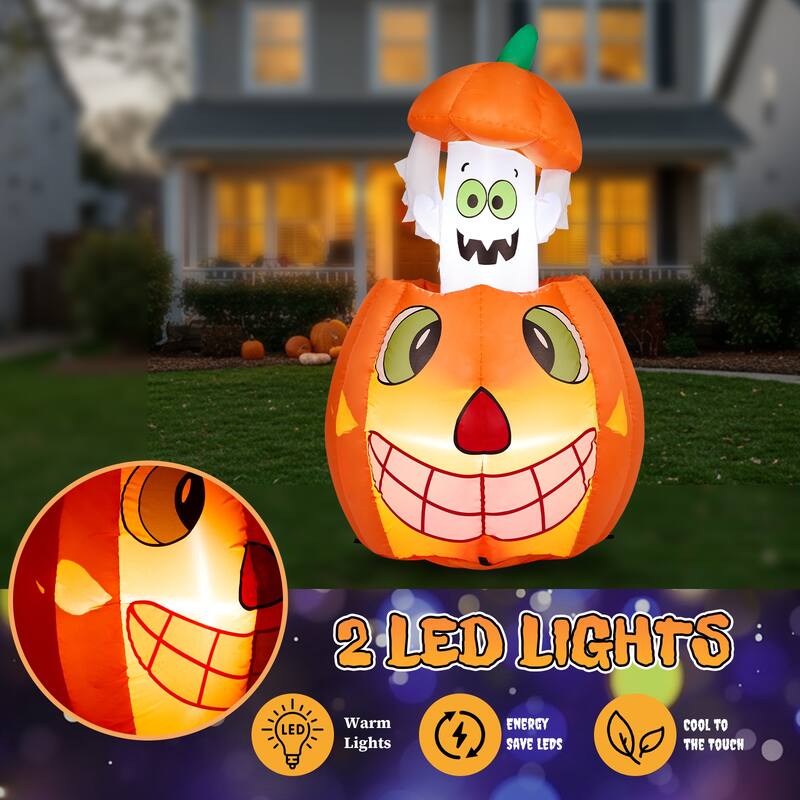 2.8FT Inflatable Pumpkin Ghost with LED Lights and Halloween Lawn Yard Decorations for Outdoor Use - 2.8 ft