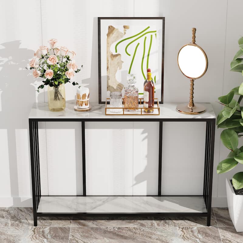 2 Tier Entryway Home Sofa Console Storage Table with Metal Black Frame