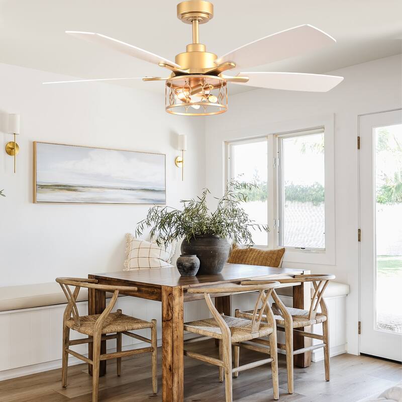 Bella Depot 52" Modern Gold Ceiling Fan with Light and Remote 6-Speed Large Caged Ceiling Fan