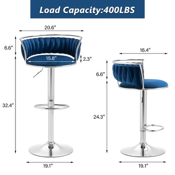 dimension image slide 14 of 24, Modern Velvet Adjustable Swivel Bar Stools Set of 2