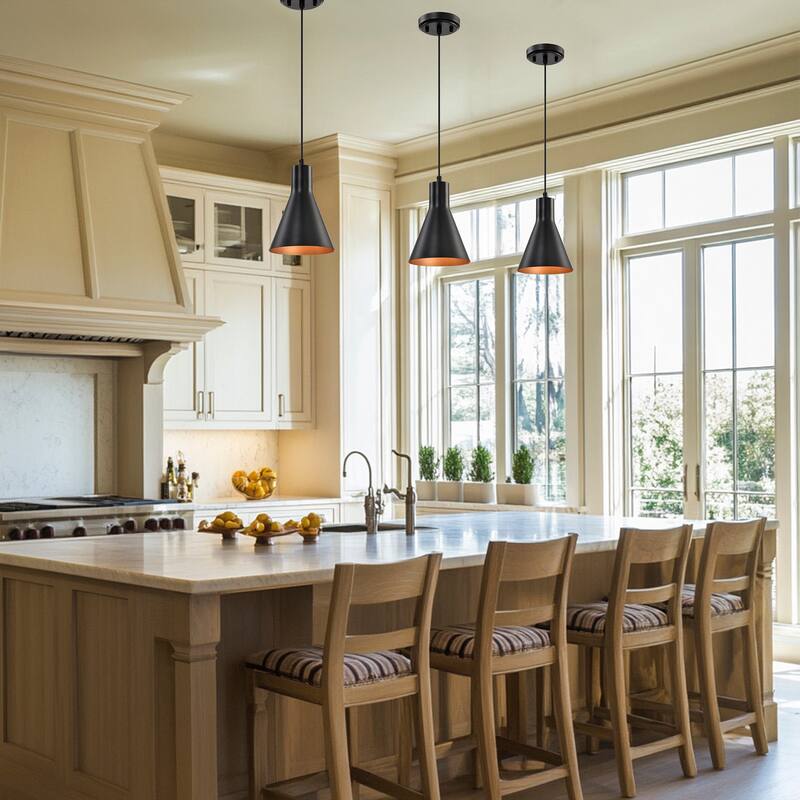 1-Light Matte Black Metal Cone Hanging Kitchen Pendant Light