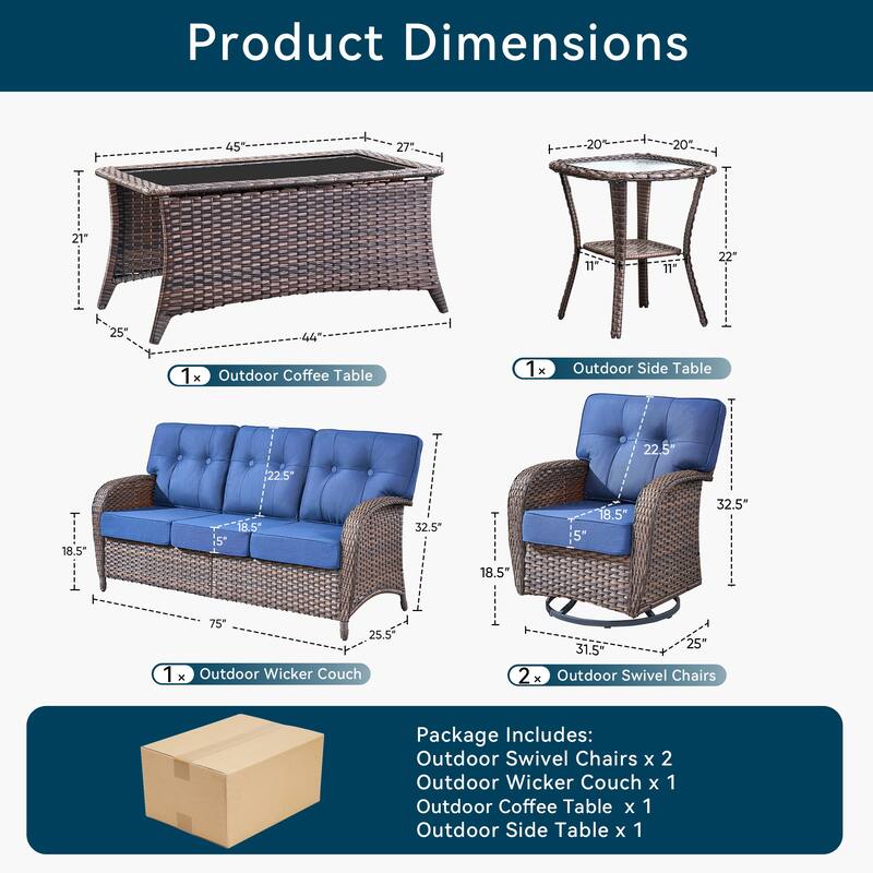 5 Pieces Pocassy 3 Seater Sofa Table with Swivel Chairs