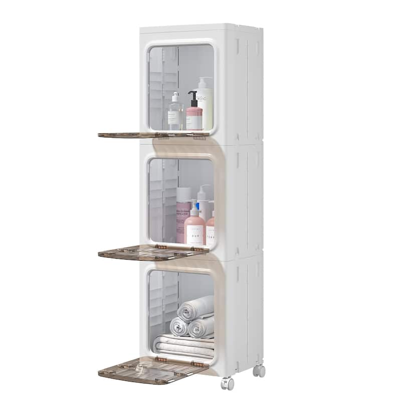 VECELO White 3-Tier & 4-Tier Narrow Storage Bins Foldable Stackable ABS Organizer Bins with Wheels for Bathroom Living Room