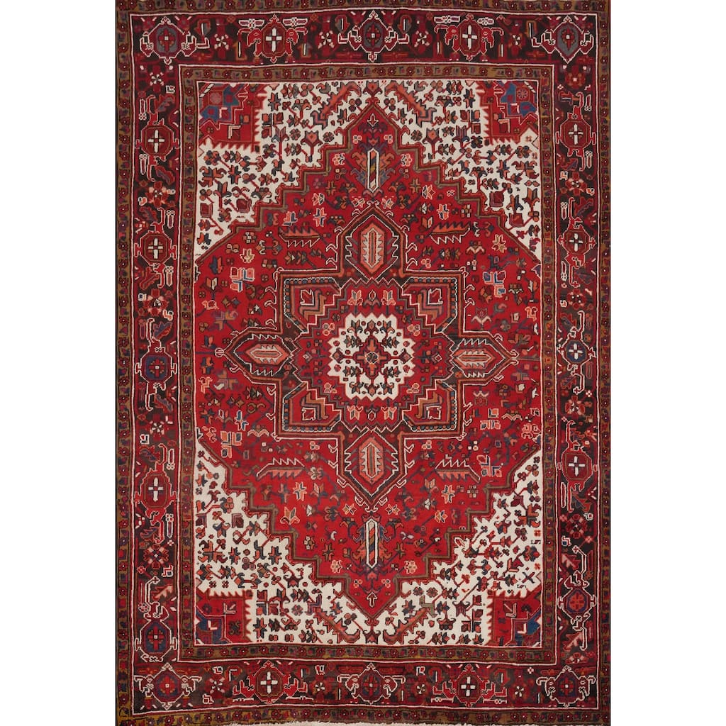 Hand Knotted Oriental 100% Wool Carpet Traditional Medallion Red Heriz Area Rug - 8' 11'' X 6' 11''