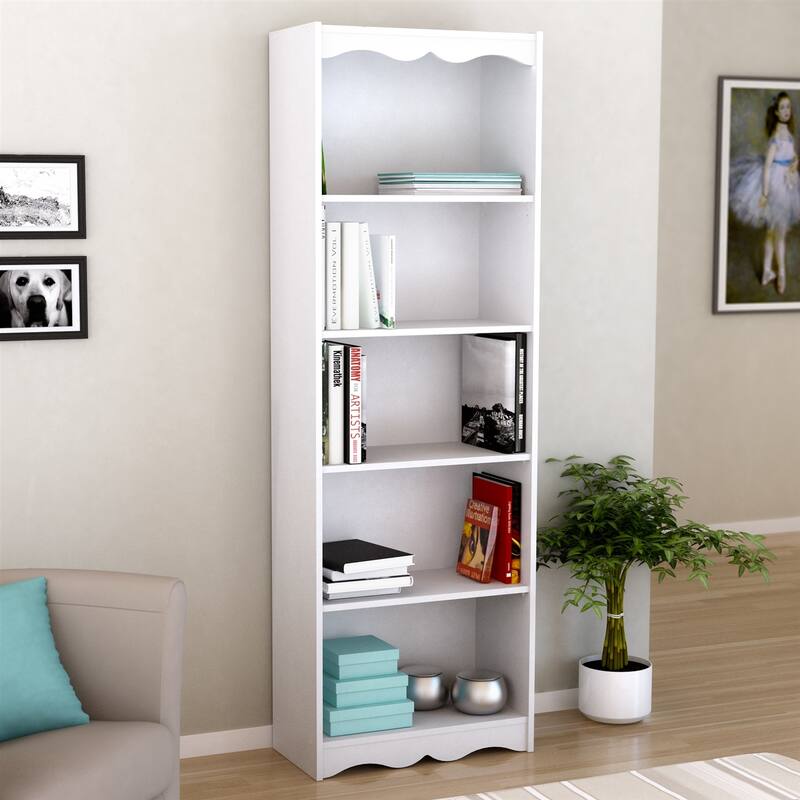 72" Tall White Wood Bookcase with Arched Open Back Slim Space-Saving Shelf for Home or Office - 72" H x 24" W x 12" D