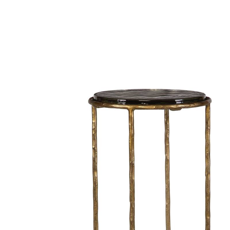 Hex Accent Table, 12 Inch Round Recycled Glass Top, Gold Iron Frame