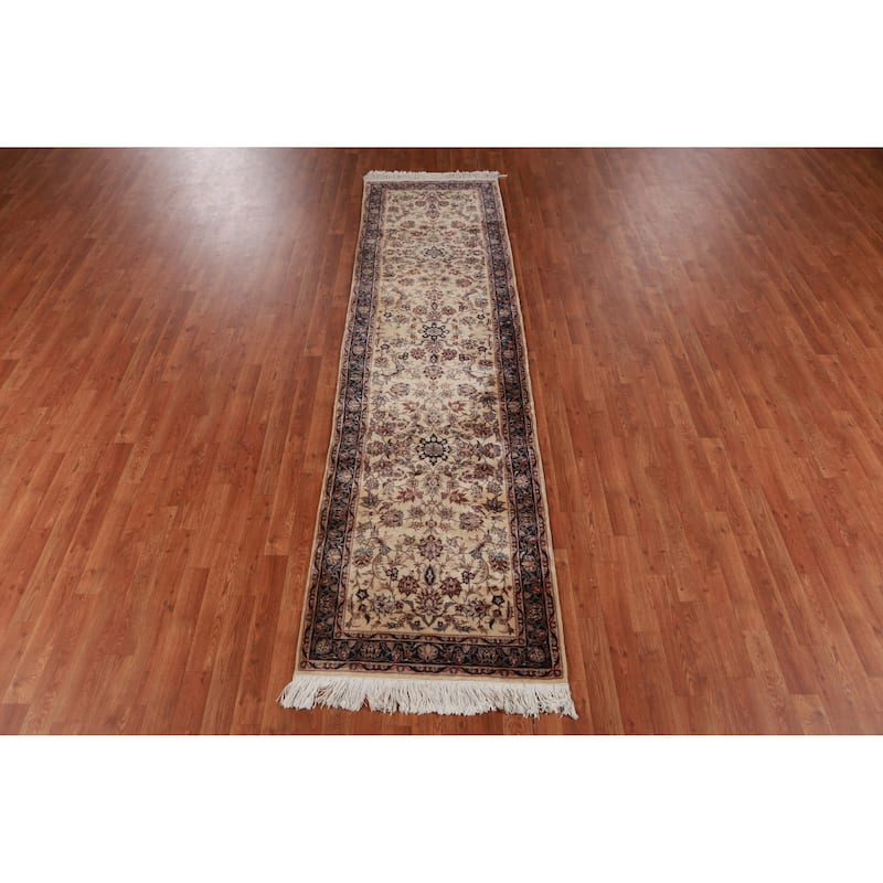 Hand Knotted Oriental 100% Wool Carpet Traditional Floral Beige & Ivories Kashan Runner Rug - 10' 0'' X 2' 7''