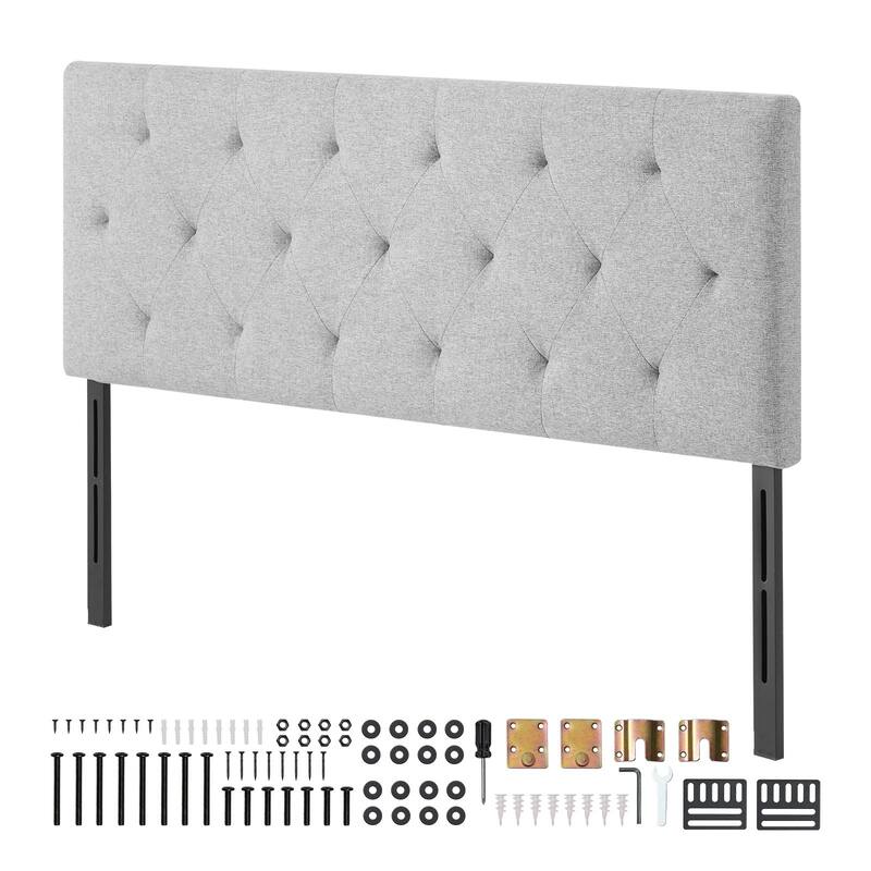 Light Grey Linen Fabric Diamond Tufted Full Size Headboard with Adjustable Height and Steel Frame - Light Grey