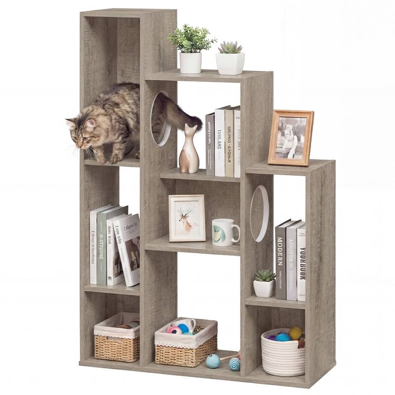 Gymax Modern Cat Bookshelf w/ 2 Round Holes Anti-Tipping Device for - Gray Oak