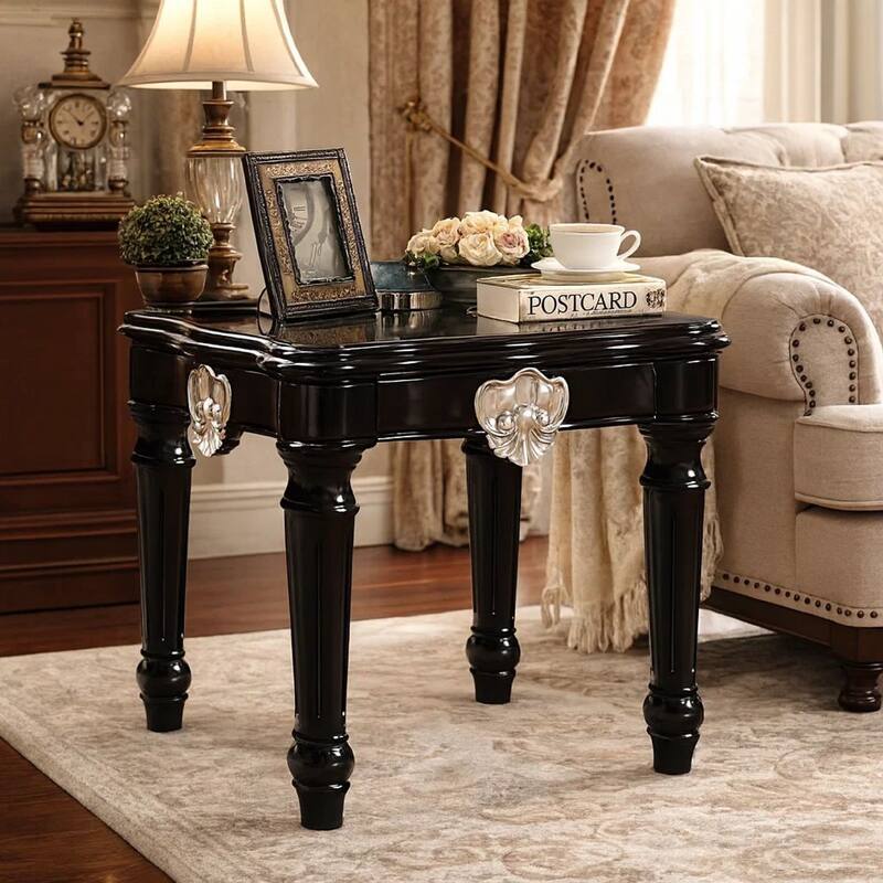 Wooden End Table With Contrast Carved Motif Turned Legs, Black