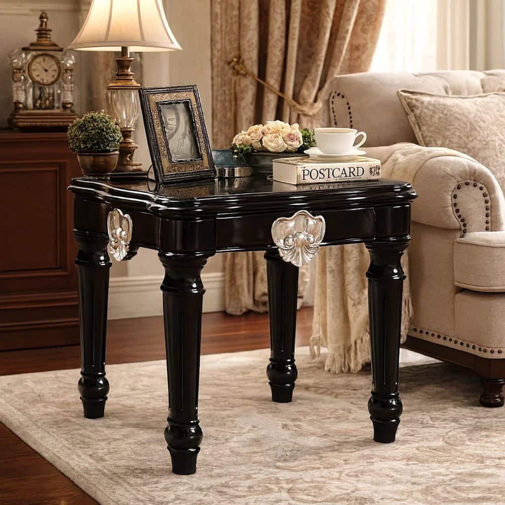 Wooden End Table With Contrast Carved Motif Turned Legs, Black