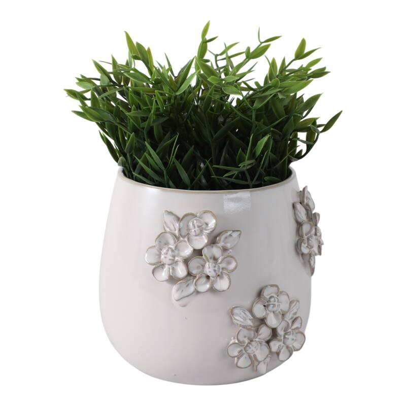 Ceramic Planter with Raised Floral Detailing and Glossy Texture