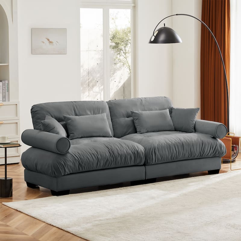 Modular Sectional Cloud Sofa, Velvet Upholstered 2-Seater Sofa, Loveseat Sofa with Waist Pillows & Throw Pillows - Grey