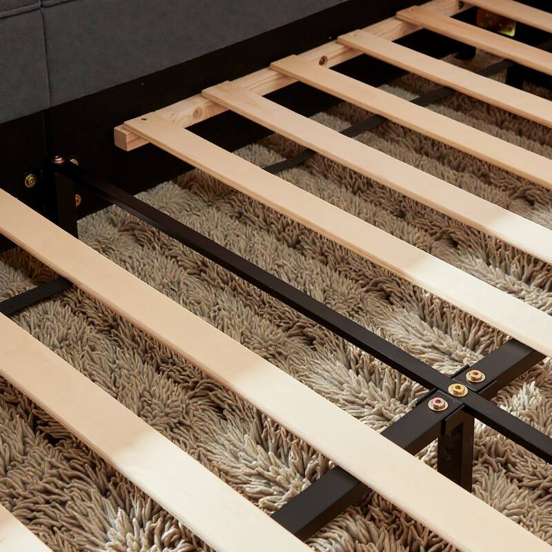 Full Size Upholstered Platform Bed with Rabbit Ear Headboard, Boucle Fabric Kids Bed with Safety Rail and Pocket