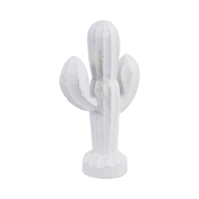 Wood Cactus Shape Handcarved Figurine - White, 14 in.