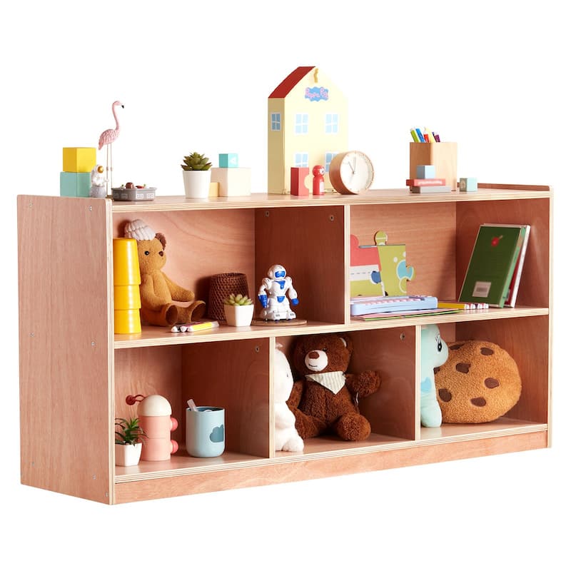 Natural Wooden 5-Compartment Cubby Storage Shelf Cabinet Perfect for Kids Room - 48” × 13” × 24”