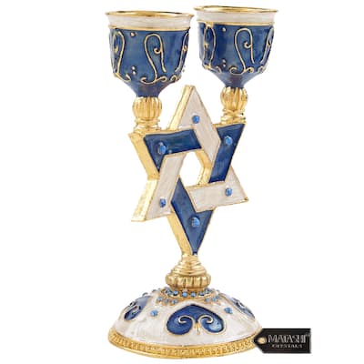 Matashi Oil Candle Holders | Displays 2 Candles | Blue, Intricate Details with Matashi Crystals | Modern Home Decor