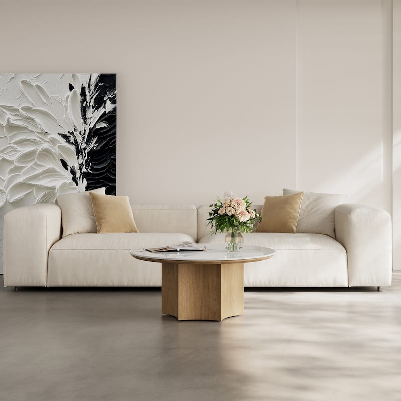 Mid-century Modern Coffee Table,35.43" With White Sintered Stone Table Top, Solid Wood Legs