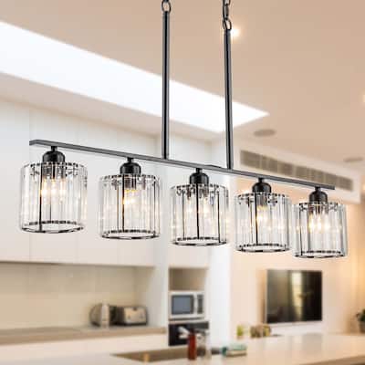 Starsky 5-Light Modern Glass Crystal Chandelier Cluster Linear Kitchen Island Light with Cylindrical Shade