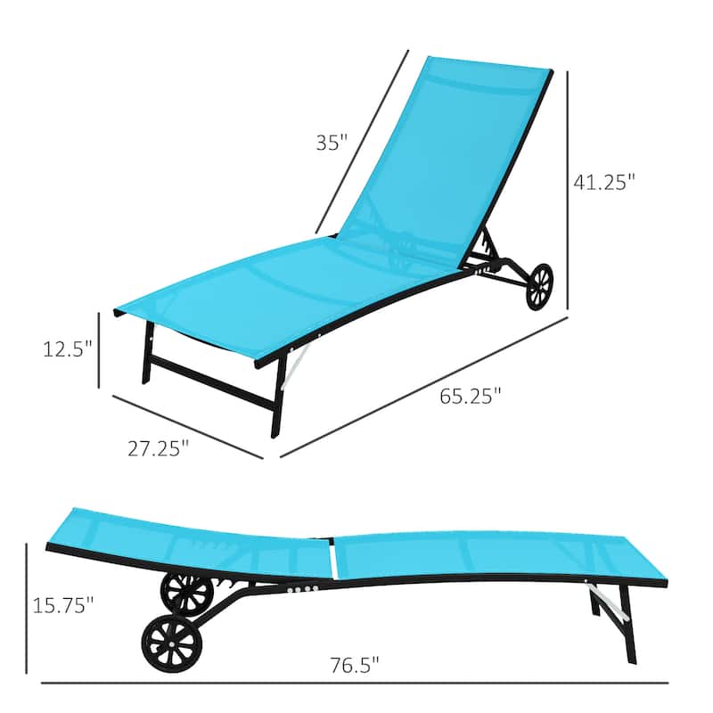 Outdoor 2 Piece Chaise Lounge with Wheels, Tanning Chair with 5 Adjustable Positions for Patio, Beach, Yard, Pool
