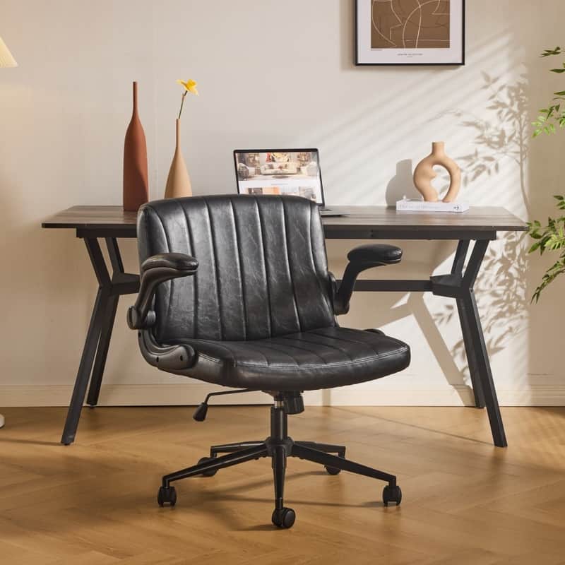 Oil-Waxed Leather Swivel Chair With Flip-Up Armrests - Black