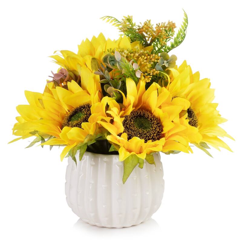 Mixed Silk Sunflower in Ceramic Pot for Dining Table Decoration, Home Wedding Party