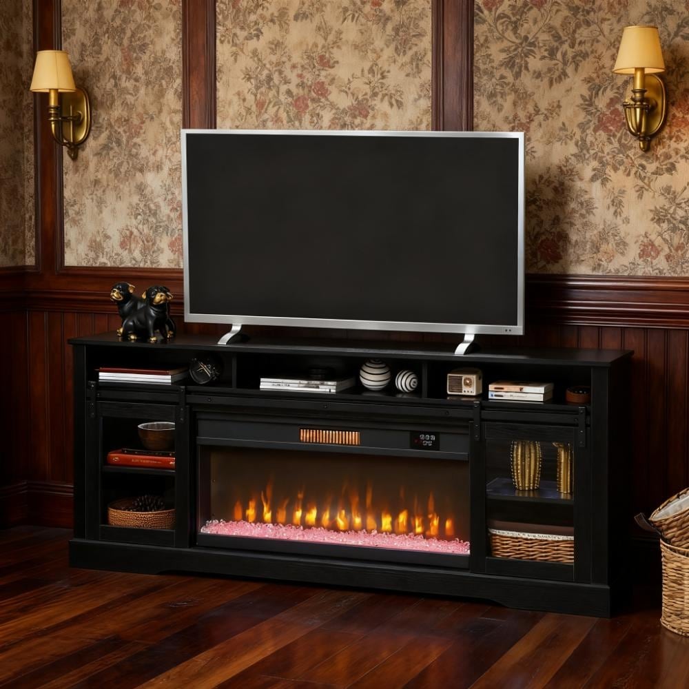 Rectangle TV Console with Electric Fireplace and Side Cabinets, Standing Audiovisual Cabinet Tea Set Display Stand Showcase