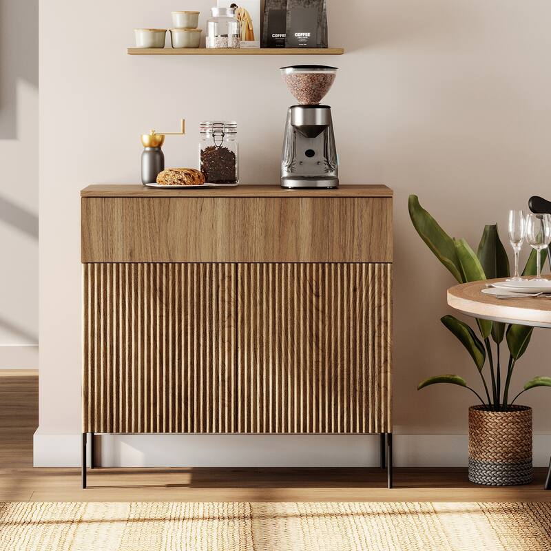 31.5" Wooden Reeded Sideboard With Doors And Drawer, Modern Credenza Storage Cabinet - 1PC - Walnut