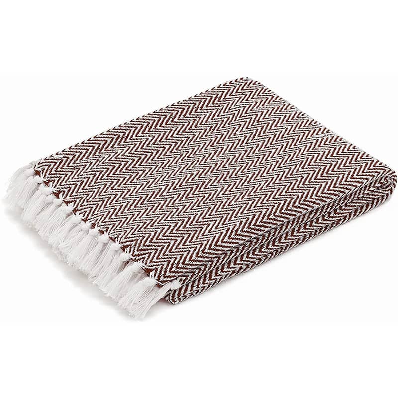 Handwoven Herringbone Cotton Throw Blankets - Rustic Ottoman Throw - Chair Throw Blanket with Fringe- 50"x60"