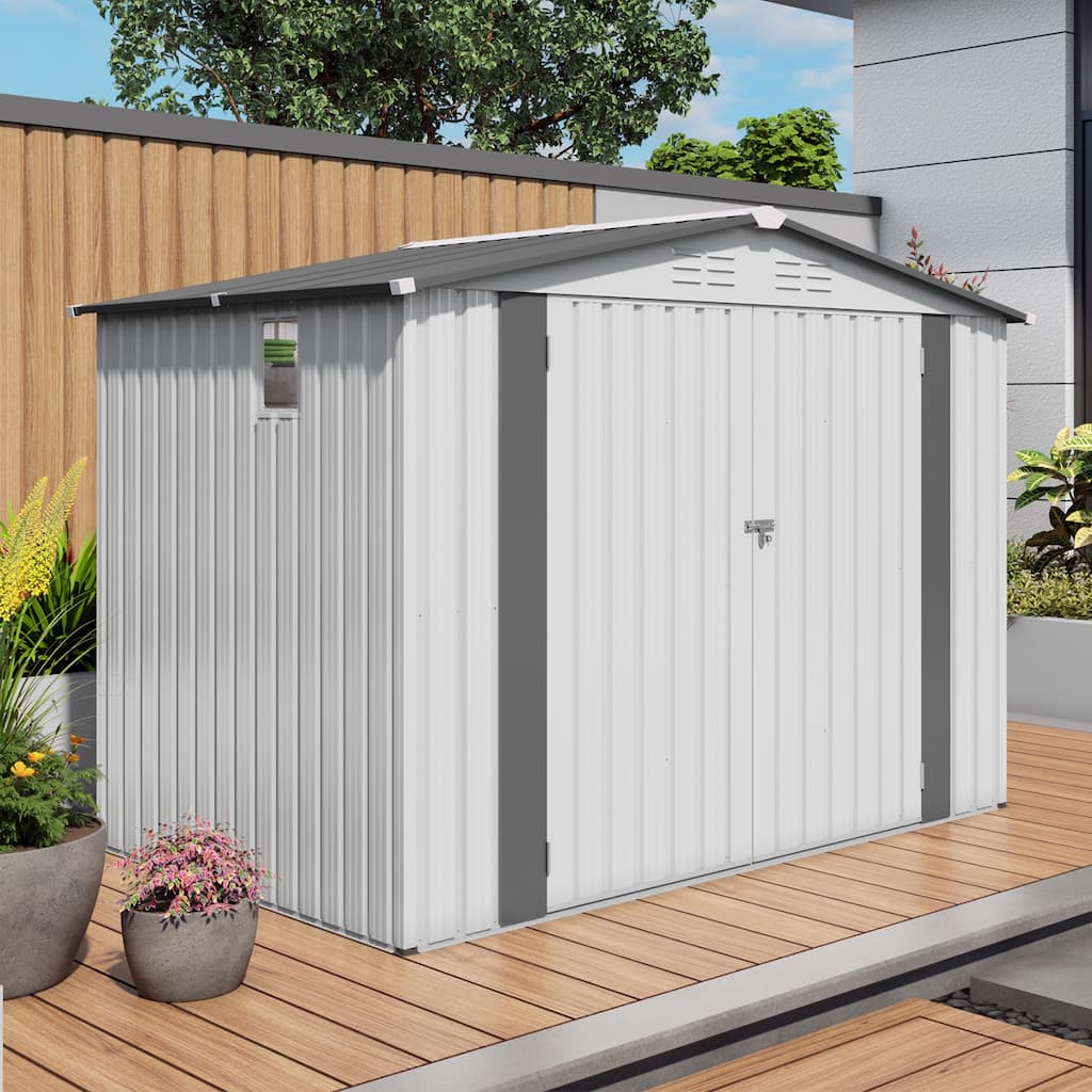 8x6 FT Metal Outdoor Storage Shed with Pitched Roof and Side Window, White & Gray