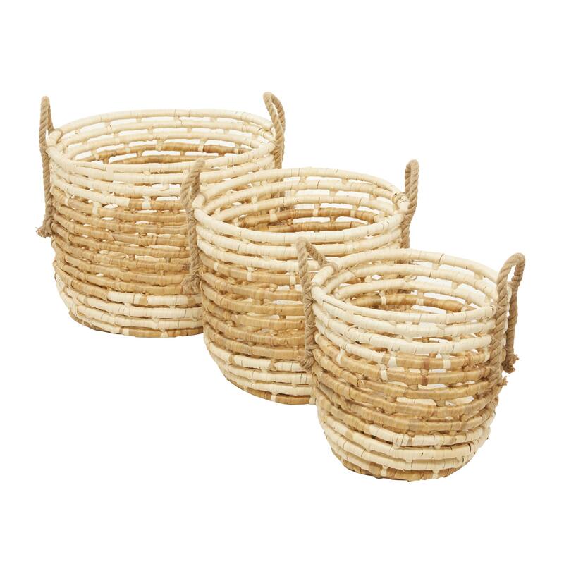 Seagrass Handmade Two Toned Storage Basket with Handles - Set of 3 Beige - Roche River Decor