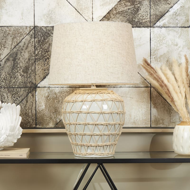 Ceramic Geometric Woven Rattan Room Table Lamp with Linen Shade - White - Roche River Decor