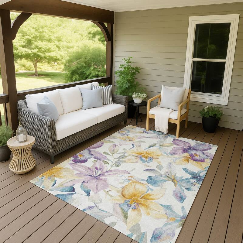 Machine Washable Indoor/ Outdoor Modern Floral Chantille Rug - Ivory - 3' x 5'