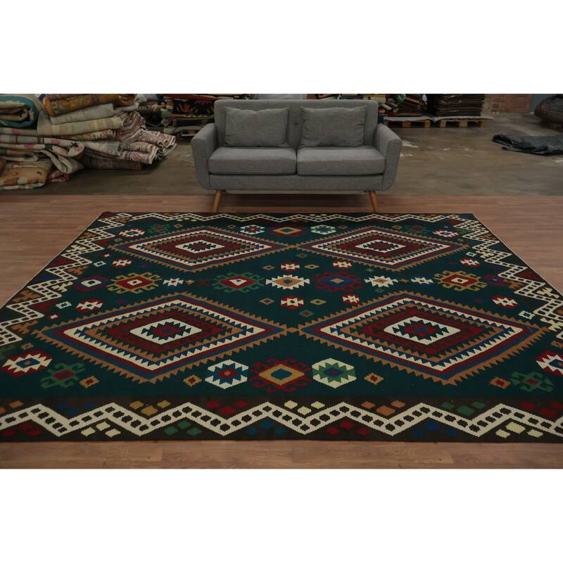 Hand Woven Oriental 100% Wool Carpet Southwestern Tribal Green Kilim Area Rug - 10' 2'' X 8' 5''