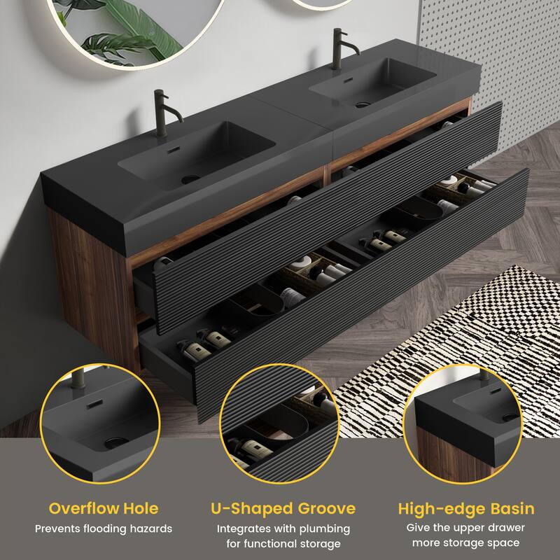 GDFStudio - Grace Floating Bathroom Vanity with Solid Surface Sink and Soft-Close Storage